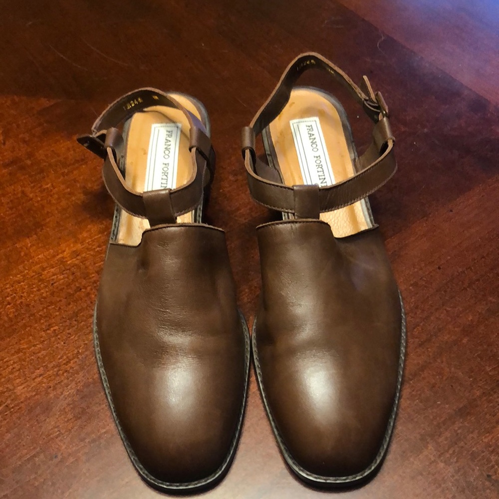 Franco Fortini brown leather mules flats ankle strap size 11 M